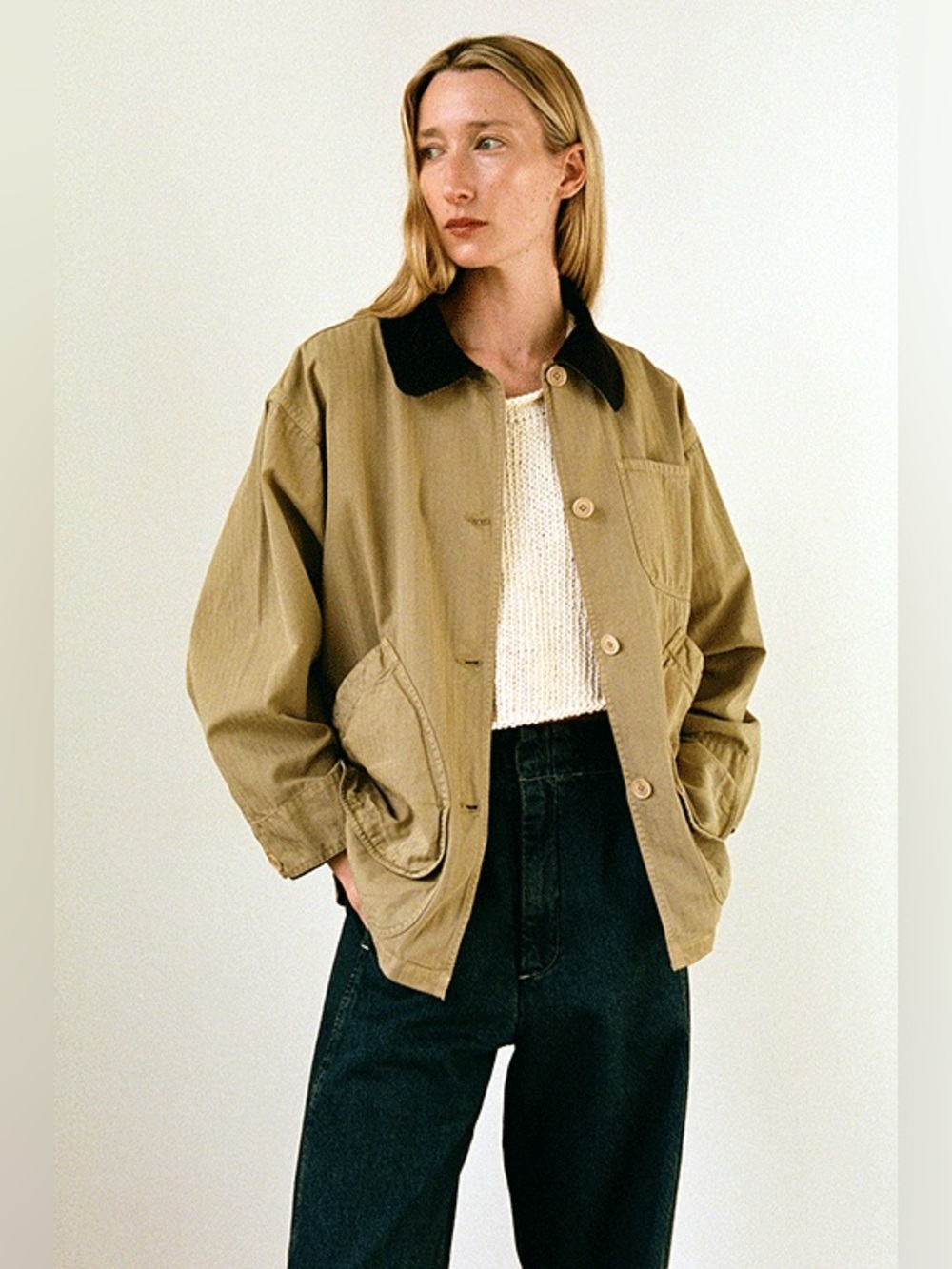 Shaina Mote Painter Coat Ecru Herringbone Cotton Barn Jacket Size Small - Picture 2 of 11